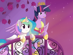 Size: 1200x900 | Tagged: safe, artist:keterok, princess celestia, twilight sparkle, twilight sparkle (alicorn), alicorn, pony, age swap, balcony, female, mare, new crown, older, open mouth, role reversal, smiling, younger