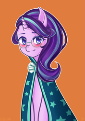 Size: 1499x2121 | Tagged: safe, artist:liny-an, starlight glimmer, pony, unicorn, blushing, clothes, female, glasses, happy, looking at you, mare, orange background, shy, simple background, smiling, solo