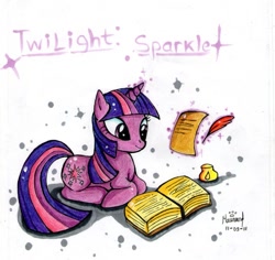 Size: 800x754 | Tagged: safe, artist:maurincl, derpibooru import, twilight sparkle, book, ink, magic, quill, reading, solo, traditional art