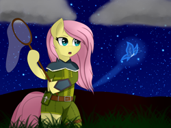 Size: 1600x1200 | Tagged: safe, artist:earth-sea-sky, fluttershy, butterfly, pegasus, pony, clothes, monster hunter, night, solo