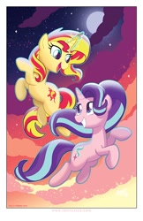 Size: 582x900 | Tagged: safe, artist:tonyfleecs, starlight glimmer, sunset shimmer, pony, unicorn, backwards cutie mark, duo, glowing horn, levitation, looking at each other, magic, moon, night, night sky, self-levitation, sky, telekinesis