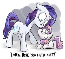 Size: 720x656 | Tagged: source needed, safe, artist:killryde, rarity, sweetie belle, pony, unicorn, angry, derp, dialogue, egophiliac-ish, female, filly, listen here, mare, rarity is not amused, reaction image, smug, stare, sweetiedumb, vulgar