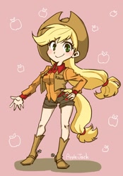 Size: 850x1219 | Tagged: safe, artist:rin-kai, applejack, human, clothes, cowboy vest, humanized, pixiv, shorts, solo, spurs, tailed humanization