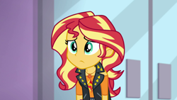 Size: 1280x720 | Tagged: safe, screencap, sunset shimmer, a fine line, better together, equestria girls, clothes, disappointed, door, female, geode of empathy, solo