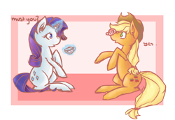 Size: 3634x2500 | Tagged: safe, artist:psychobanana-arts, applejack, rarity, earth pony, pony, unicorn, balancing, cup, cute, dialogue, magic, open mouth, ponies balancing stuff on their nose, silly, silly pony, sitting, smiling, tea, teacup, telekinesis
