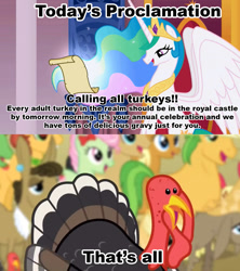 Size: 1021x1149 | Tagged: safe, princess celestia, alicorn, donkey, earth pony, pony, celestia's proclamation, comic, exploitable meme, female, male, mare, meme, seems legit, stallion, thanksgiving, turkey