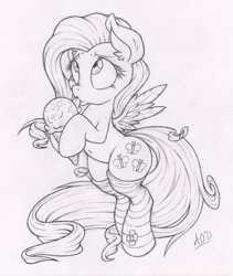 Size: 843x1000 | Tagged: safe, artist:dfectivedvice, fluttershy, pegasus, pony, belly button, bipedal, clothes, food, grayscale, monochrome, sketch, socks, solo, striped socks, tongue out, traditional art