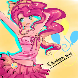 Size: 1000x1000 | Tagged: safe, artist:keitenstudio, pinkie pie, human, armpits, belly button, bow, button, clothes, humanized, midriff, necklace, skirt, solo, tube top
