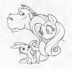 Size: 839x800 | Tagged: safe, artist:dfectivedvice, angel bunny, bulk biceps, fluttershy, pegasus, pony, grayscale, monochrome, traditional art