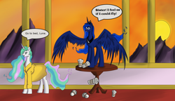 Size: 1024x589 | Tagged: safe, artist:chaotic-brony, princess celestia, princess luna, alicorn, pony, celestia is not amused, coffee, luna found the coffee, messy mane, morning ponies, spread wings, sunrise