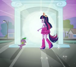 Size: 400x350 | Tagged: safe, derpibooru import, screencap, spike, twilight sparkle, dog, equestria girls, equestria girls (movie), big crown thingy, boots, equestria girls prototype, fall formal outfits, high heel boots, jewelry, ponytail, prototype, regalia, spike the dog, twilight ball dress