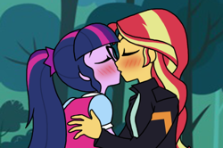 Size: 512x339 | Tagged: safe, artist:crydius, sci-twi, sunset shimmer, twilight sparkle, equestria girls, blushing, blushing profusely, clothes, cropped, eyes closed, female, glasses, jacket, kissing, leather jacket, lesbian, ponytail, scitwishimmer, shipping, sunsetsparkle