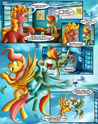 Size: 1935x2449 | Tagged: safe, artist:jamescorck, derpibooru import, fluttershy, rainbow dash, oc, earth pony, pegasus, pony, comic:i will never leave you, book, cloud, comic, female, filly, filly fluttershy, filly rainbow dash, flying, glasses, mare, younger