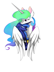 Size: 720x960 | Tagged: safe, artist:o0dragon0o, princess celestia, princess luna, alicorn, pony, eyes closed, floppy ears, hug, s1 luna, simple background, winghug