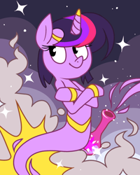 Size: 1024x1280 | Tagged: safe, artist:karzahnii, derpibooru import, twilight sparkle, armband, ask genie twilight, bottle, crossed hooves, genie, geniefied, headband, horn ring, poof, solo, sparkles, waistband