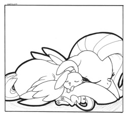 Size: 1089x1000 | Tagged: safe, artist:abronyaccount, angel bunny, fluttershy, pegasus, pony, monochrome, sleeping