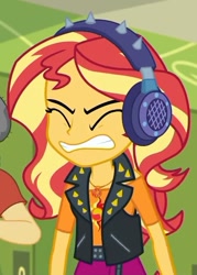 Size: 450x629 | Tagged: safe, screencap, sandalwood, sunset shimmer, better together, equestria girls, overpowered (equestria girls), clothes, cropped, eyes closed, female, geode of empathy, headphones, jacket, magical geodes