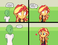 Size: 1650x1275 | Tagged: safe, artist:zharkaer, sunset shimmer, oc, oc:anon, human, better together, equestria girls, overpowered (equestria girls), 3:, 4koma, :<, :t, blushing, comic, cute, daaaaaaaaaaaw, frown, geode of empathy, glow, heart, magical geodes, shimmerbetes, smiling, sweat, thought bubble, vulgar, wide eyes, worried