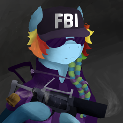 Size: 2100x2100 | Tagged: safe, artist:sapphmod, derpibooru import, rainbow dash, pegasus, pony, clothes, crossover, fbi, female, gun, m320, rainbow six, rainbow six siege, solo, sunglasses, uniform, weapon