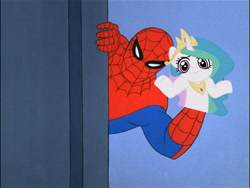 Size: 500x375 | Tagged: safe, artist:moongazeponies, princess celestia, alicorn, pony, 60s spider-man, :i, hand puppet, looking at you, meme, puppet, shrug, shrugpony, sock, spider-man, wat, wtf