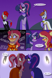 Size: 1500x2250 | Tagged: safe, artist:jase1505, sci-twi, sunset shimmer, twilight sparkle, oc, earth pony, pony, unicorn, comic:night at the gala, series:sunlight horizons, blushing, clothes, comic, dress, equestria girls ponified, female, gala dress, leonine tail, lesbian, looking at each other, male, mare, ponified, scitwishimmer, shipping, stallion, sunsetsparkle, unicorn sci-twi