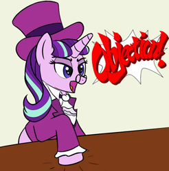 Size: 768x780 | Tagged: artist needed, safe, snowfall frost, starlight glimmer, pony, unicorn, ace attorney, clothes, drawthread, female, glasses, hat, mare, objection, solo, table, top hat