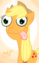 Size: 766x1226 | Tagged: safe, artist:anotheraverageartist, applejack, earth pony, pony, solo, tongue out, who's a silly pony