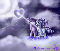 Size: 1024x863 | Tagged: safe, artist:miz-jynx, rarity, oc, oc:kydose, pegasus, pony, unicorn, beam, canon x oc, cloud, cloudy, female, heart, hearts and hooves day, love, male, moon, moonbeam, mountain, night, raridose, romantic, shipping, straight