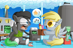 Size: 1200x800 | Tagged: safe, artist:berrypawnch, derpy hooves, oc, pegasus, pony, beret, clothes, cute, derpabetes, duo, fireworks, hammer, oscilloscope, pictogram, screwdriver, tape, vest, wrench