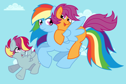 Size: 2624x1752 | Tagged: safe, artist:unoriginai, derpibooru import, rainbow dash, scootaloo, oc, oc:skedaddle surge, pegasus, pony, cute, family, female, filly, flying, happy, laughing, lesbian, lying down, magical lesbian spawn, offspring, parent:rainbow dash, parent:scootaloo, parents:scootadash, scootadash, shipping, sky