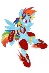 Size: 2000x3000 | Tagged: safe, artist:dfectivedvice, artist:dragonfoorm, derpibooru import, rainbow dash, pegasus, pony, armor, belly button, bipedal, female, goggles, mare, rocket boots, simple background, solo, transparent background