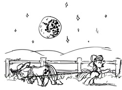 Size: 1472x1088 | Tagged: safe, artist:snapai, apple bloom, applejack, earth pony, pony, black and white, farm, fence, grayscale, lasso, mare in the moon, monochrome, moon, rope, tired