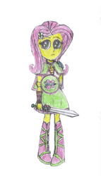 Size: 677x1180 | Tagged: safe, artist:swordmaster200, fluttershy, equestria girls, alternate universe, amazon, badass, cute, equestria chronicles, hairpin, shield, solo, sword