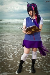 Size: 900x1349 | Tagged: safe, artist:danil-nd, derpibooru import, twilight sparkle, human, beach, book, boots, cosplay, irl, irl human, photo, solo, sweater vest, water