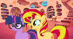 Size: 2568x1384 | Tagged: safe, artist:icetama, sci-twi, sunset shimmer, twilight sparkle, pony, base used, book, bookshelf, equestria girls ponified, female, golden oaks library, lesbian, ponified, scitwishimmer, shipping, staircase, stairs, sunsetsparkle