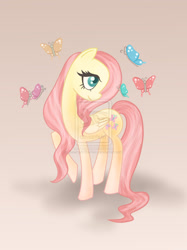 Size: 1024x1368 | Tagged: safe, artist:katyand, artist:sewingintherain, fluttershy, butterfly, pegasus, pony, solo