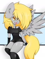 Size: 1675x2215 | Tagged: safe, artist:teranen, derpy hooves, anthro, clothes, fingerless gloves, gloves, impossibly large ears, short dress, socks, solo, spread wings, tongue out