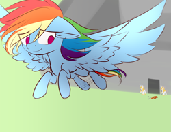 Size: 1241x961 | Tagged: safe, artist:snowbunny0820, derpibooru import, rainbow dash, pegasus, pony, commission, eye clipping through hair, flying, free, freedom, good end, grass, hair over one eye, prison, prisoner rd, royal guard, signature, smiling