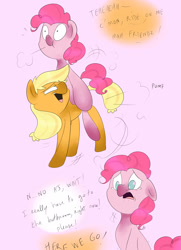 Size: 2480x3425 | Tagged: safe, artist:theponybox696, applejack, pinkie pie, earth pony, pony, comic, desperation, drunk, drunk aj, drunkie pie, need to pee, omorashi, potty dance, potty emergency, potty time, trotting in place