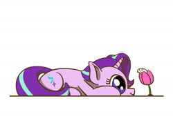 Size: 1800x1350 | Tagged: safe, artist:flutterluv, starlight glimmer, hamster, pony, unicorn, cute, daaaaaaaaaaaw, flower, glimmerbetes, lying down, pet