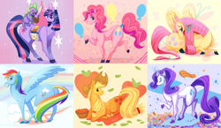 Size: 2760x1600 | Tagged: safe, artist:xaiena, derpibooru import, applejack, fluttershy, pinkie pie, rainbow dash, rarity, spike, twilight sparkle, dragon, earth pony, pegasus, pony, unicorn, apple, female, food, male, mane seven, mane six, mare, smiling