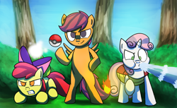 Size: 1485x910 | Tagged: safe, artist:anticular, derpibooru import, apple bloom, scootaloo, sweetie belle, pegasus, pony, bipedal, bulbasaur, charmander, crossover, cutie mark crusaders, female, filly, no pupils, pokefied, pokémon, squirtle