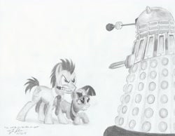 Size: 3200x2480 | Tagged: safe, artist:millenniumfalsehood, derpibooru import, doctor whooves, twilight sparkle, dalek, doctor who, doctor whooves and assistant, monochrome, sonic screwdriver, traditional art