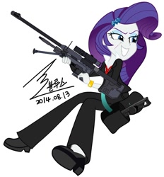 Size: 900x971 | Tagged: safe, artist:bluse, rarity, equestria girls, background removed, clothes, female, grin, gun, halo, necktie, optical sight, rifle, scar, scope, shoes, show accurate, signature, simple background, smiling, sniper rifle, solo, suit, teeth, weapon, white background