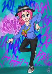 Size: 1054x1500 | Tagged: safe, artist:silver1kunai, pinkie pie, human, graffiti, humanized, rap, rapper pie, solo