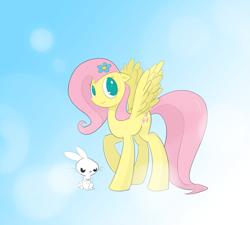 Size: 1779x1598 | Tagged: safe, artist:repoisn, angel bunny, fluttershy, pegasus, pony, duo, flower, flower in hair, looking at you, looking sideways, no pupils, raised hoof, smiling, spread wings, standing, wings