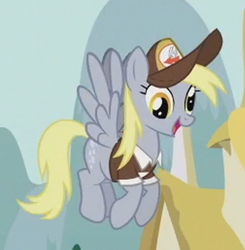 Size: 422x431 | Tagged: safe, screencap, derpy hooves, pegasus, pony, crusaders of the lost mark, clothes, cute, delivery pony, female, flying, hat, mailmare, mare, open mouth, smiling, solo, spread wings, uniform