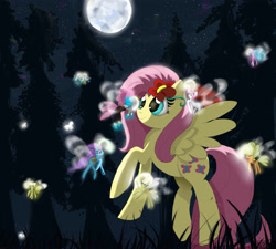 Size: 4000x3600 | Tagged: dead source, safe, artist:misspolycysticovary, fluttershy, seabreeze, breezie, pegasus, pony, cute, flower, flower in hair, flying, forest, full moon, glow, moon, night, shyabetes, smiling, spread wings