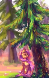 Size: 404x649 | Tagged: safe, artist:aokusa kusa, fluttershy, pegasus, pony, looking at you, pine tree, pixiv, solo, tree