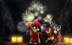 Size: 2880x1800 | Tagged: safe, artist:anticular, derpibooru import, apple bloom, scootaloo, sweetie belle, earth pony, pegasus, pony, unicorn, chinese new year, clothes, cutie mark crusaders, female, filly, fireworks, night, year of the horse